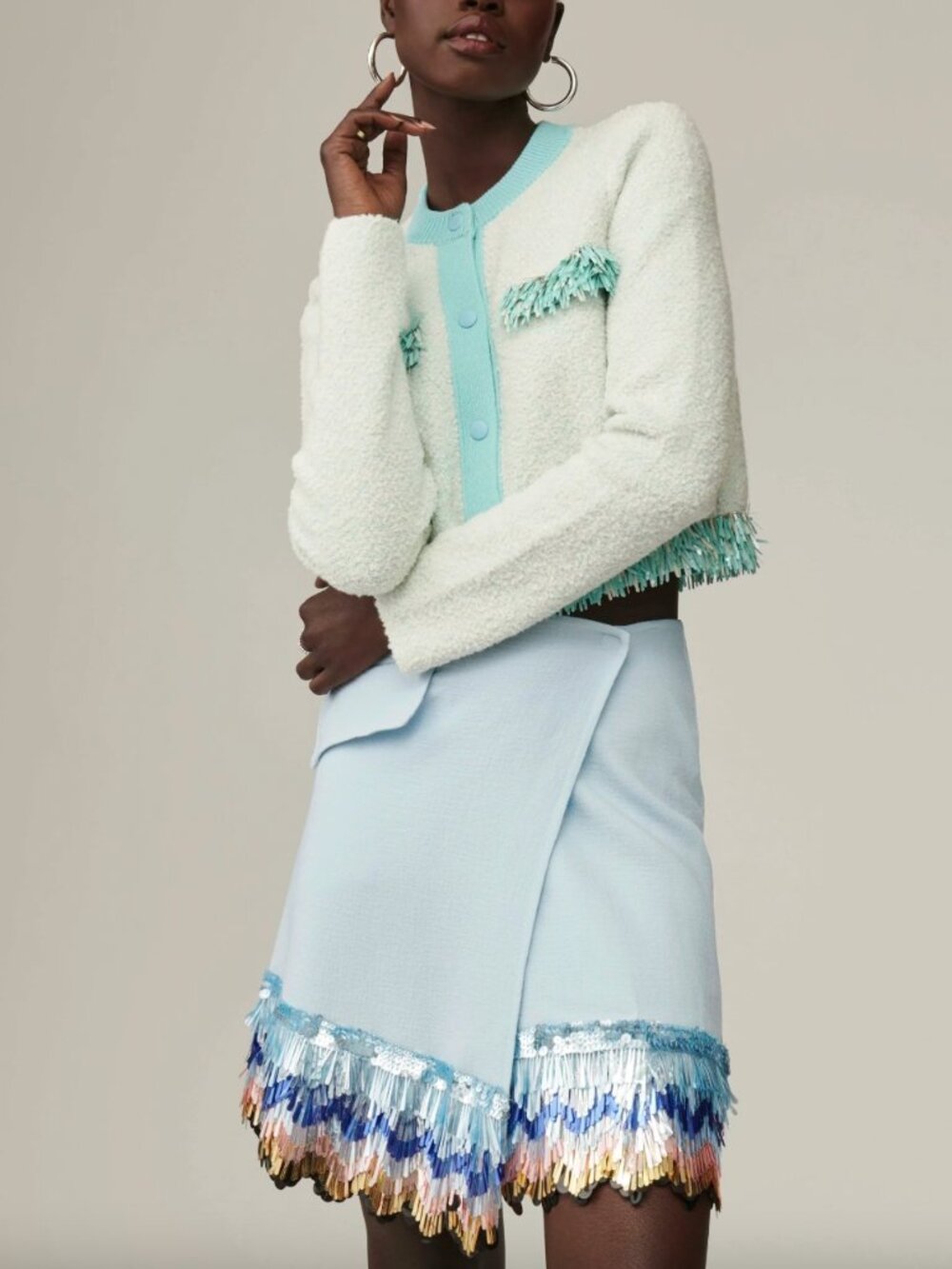 $1890 NWT Lanvin Baby Blue Wool Silk Sequin Mid Skirt size 8/40